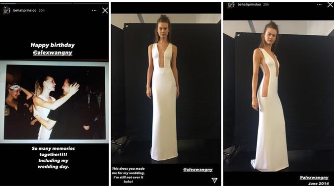 Behati Prinsloo membagikan potret dalam balutan gaun pengantin sebagai bentuk perayaan ulang tahun sang desainer Alexander Wang. (Tangkapan Layar Instagram Stories @behatiprinsloo)