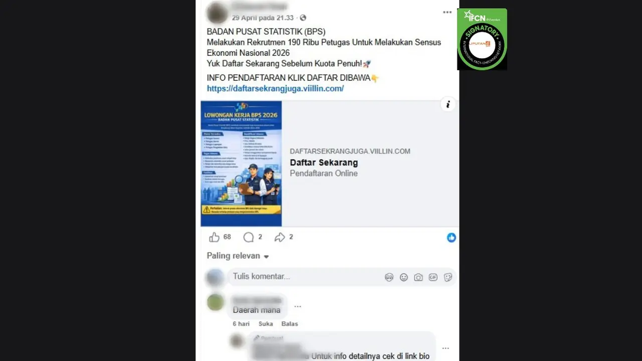 Cek Fakta Liputan6.com mendapati klaim link pendaftaran petugas sensus ekonomi nasional 2026 yang digelar BPS