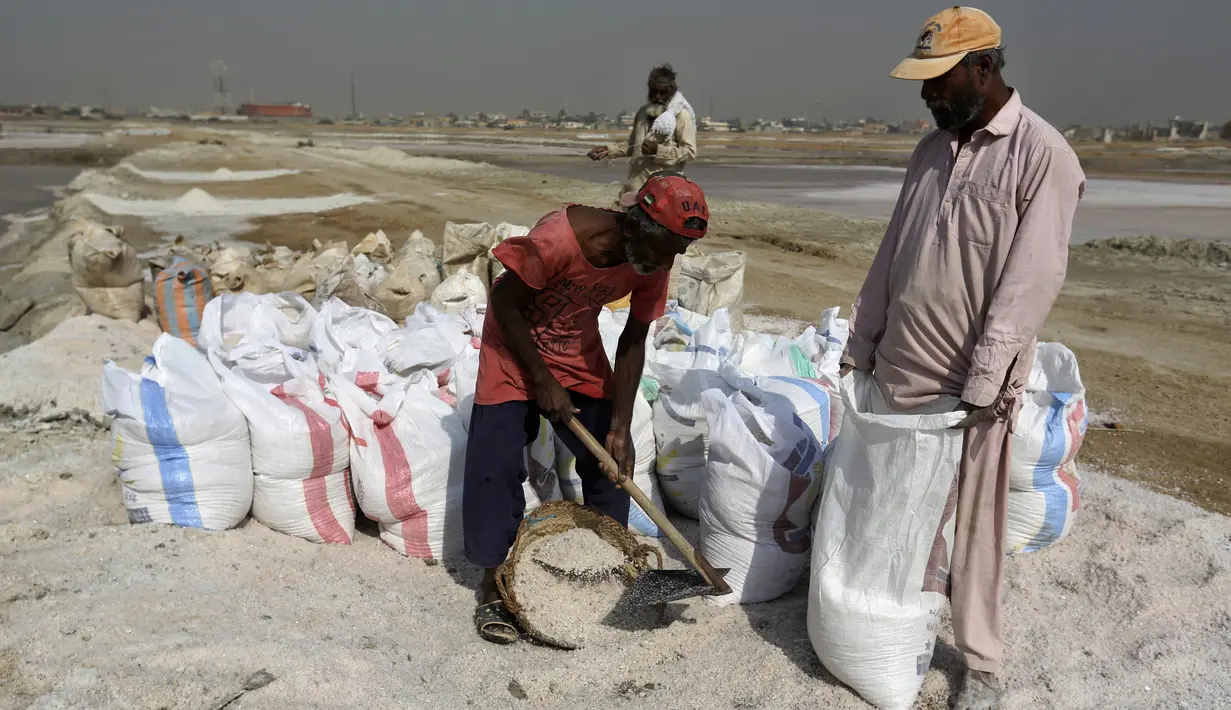 Buruh menyiapkan kantong garam laut setelah mengumpulkan dari daerah pesisir dekat Karachi, Pakistan, Sabtu (13/11/2021). Buruh memperoleh rata-rata 1.050 rupee Pakistan (US$ 6) per hari dari pekerjaan mereka untuk mencari nafkah bagi keluarga. (AP Photo/Fareed Khan)