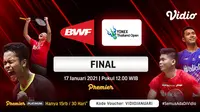 Live streaming final Yonex Thailand Open 2021, Minggu (17/1/2021) pukul 12.00 WIB dapat disaksikan melalui platform Vidio. (Dok. Vidio)