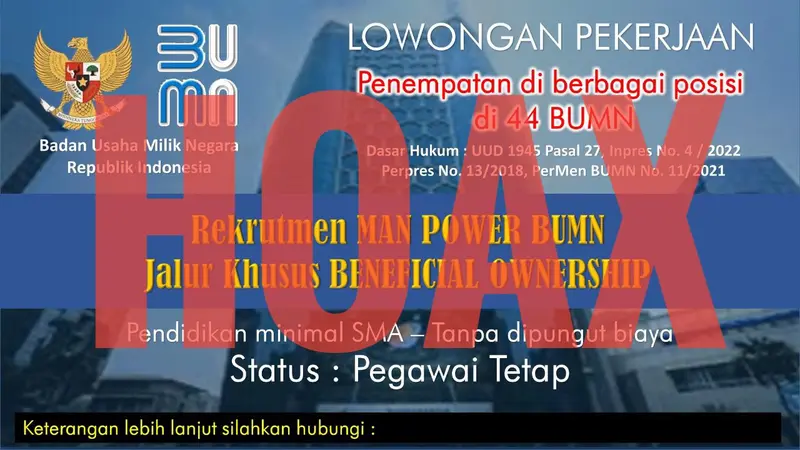 Hoaks informasi lowongan kerja jalur khusus pegawai tetap untuk 44 BUMN