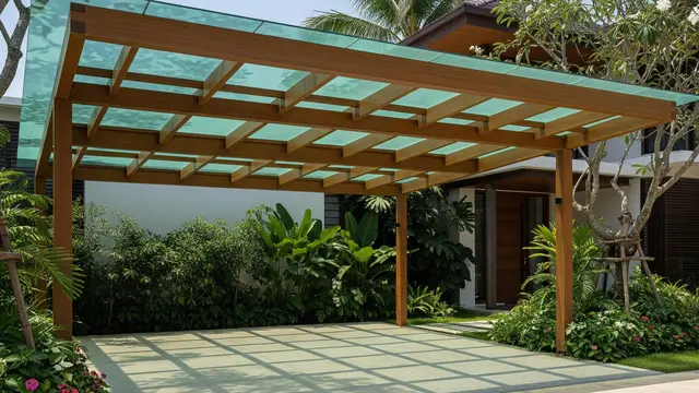 Model Carport Mewah Dua Mobil dengan Atap Kaca Tempered Tebal