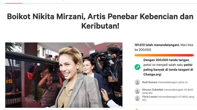 Petisi Boikot Nikita Mirzani. (Foto: Dok. change.org)