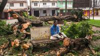 Seorang pria duduk di bangku di tengah pohon yang tumbang dan jatuh di taman umum di pusat Antsirabe setelah berlalunya topan Batsirai pada 6 Februari 2022. Sedikitnya enam orang dan membuat hampir 48.000 orang mengungsi ketika Topan Batsirai melanda Madagaskar. (RIJASOLO/AFP)
