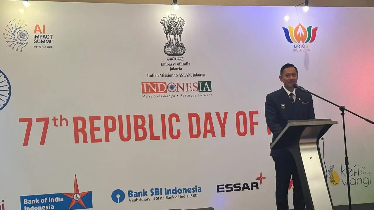 Menteri Koordinator Bidang Infrastruktur dan Pembangunan Kewilayahan (Menko IPK) Agus Harimurti Yudhoyono (AHY) dalam resepsi perayaan Hari Republik ke-77 India di Jakarta, Selasa (27/1/2026).