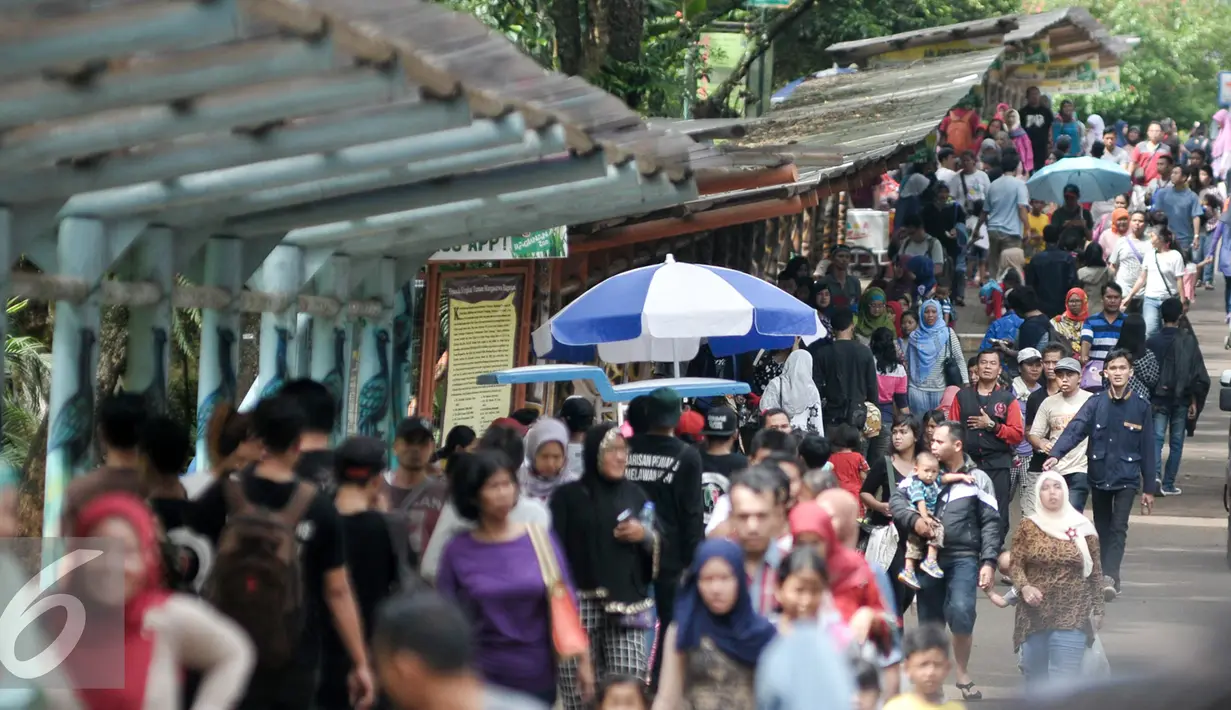 Pengunjung memadati jalan di area Kebun Binatang Ragunan, Jakarta Selatan, Senin (12/12). Selain murah, Kebun Binatang Ragunan juga tempat hiburan yang mudah dijangkau bagi warga Jakarta. (Liputan6.com/Yoppy Renato)