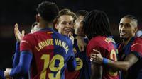 Barcelona menang besar 7-1 atas Valencia pada laga pekan ke-21 La Liga di&nbsp;Estadi Ol&iacute;mpic Lluis Companys, Barcelona, Senin (27/01/2025) dini hari WIB. (AP Photo/Joan Monfort)