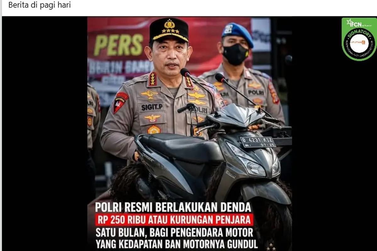 Cek Fakta Liputan6.com menemukan klaim foto Polri resmi berlakukan denda Rp250 ribu jika ban motor gundul