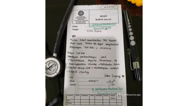 Viral di TikTok, larangan memberi teh pada balita karena teh menghambat penyerapan zat besi yang penting bagi perkembangan anak. dr. Jatikusuma menjelaskan dampaknya bisa menyebabkan anemia. (Tangkapan Layar @dr.jatikusuma.spa)
