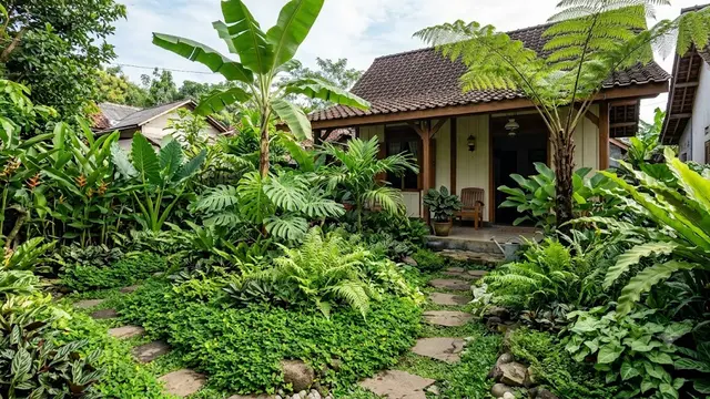 Inspirasi Taman Rumah dengan Nuansa Hutan Tropis sebagai Solusi Halaman Asri dan Estetik Model Mengombinasikan Tanaman Daun