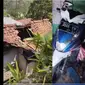 Pengendara motor oleng di turunan curam hingga tabrak atap rumah warga. (source: Facebook/Ranie pop fm tegal)