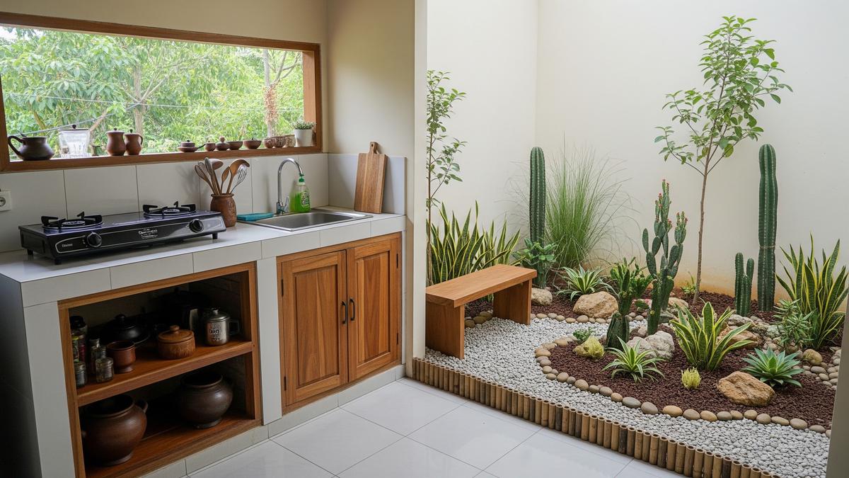 8 Desain Dapur Mini dengan Taman Kering di Sudut Belakang Rumah