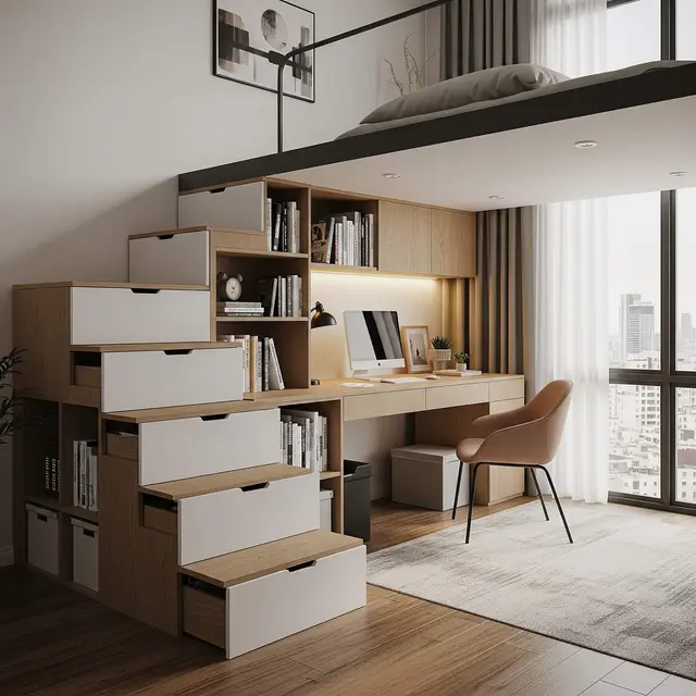 Desain Rumah Mezzanine Modern dengan Workspace Cozy di Atas