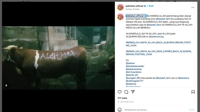 Unggahan Aldi Taher. (Foto: Dok. Instagram @alditaher.official)