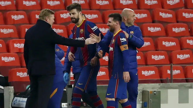 FOTO: Tak Terpengaruh Barcagate, Barcelona Menang Dramatis 3-0 atas Sevilla dan Lolos ke Final - Ronald Koeman; Gerard Pique; Lionel Messi