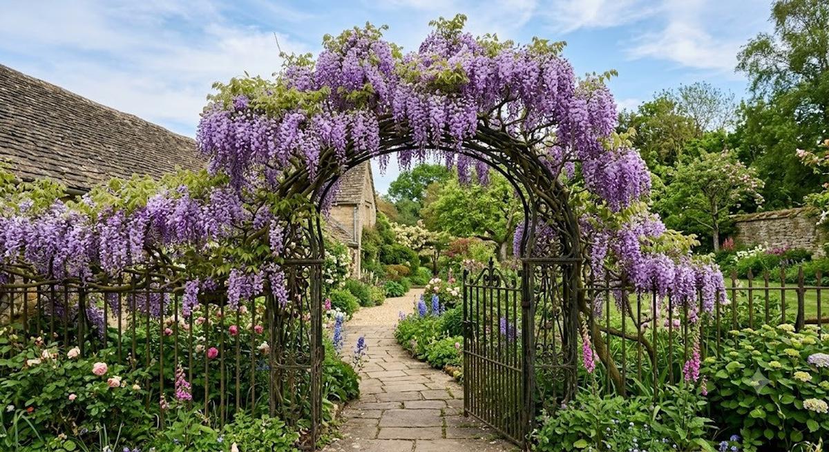 Wisteria di pagar melengkung (AI Generated)