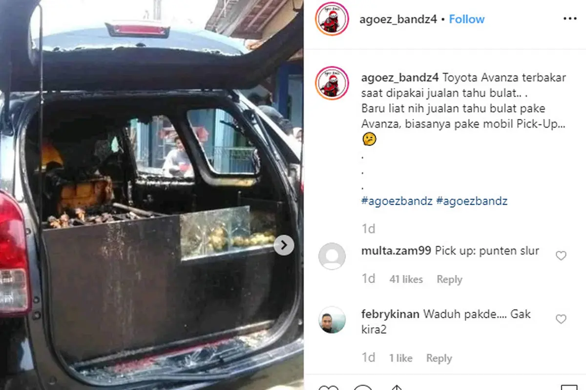 sebuah foto yang menunjukan mobil Low MPV, Toyota Avanza terbakar karena digunakan berdagang tahu bulat menarik perhatian.