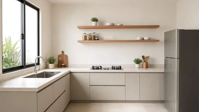 Dapur dengan Rak Terbuka agar Dinding Tidak Terasa Penuh