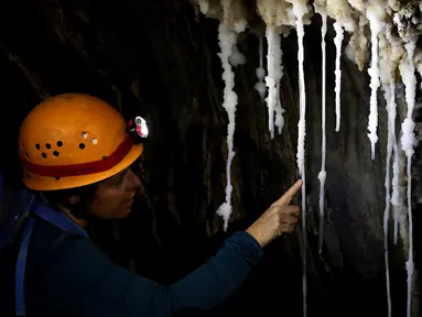 Seorang wanita melihat stalaktit garam dalam Gua Malham di Gunung Sodom, Israel, Rabu (27/3). Para peneliti Israel menyatakan Gua Malham merupakan gua garam terpanjang di dunia dengan panjang hampir 10 Km. (REUTERS/Nir Elias)