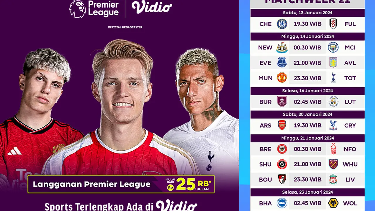 Link Siaran Langsung Liga Inggris 2023/2024 Matchweek 21 di Vidio Pekan Ini