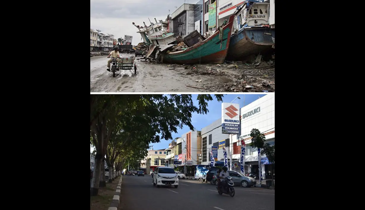 File foto (atas) diambil pada 8 Januari 2005 dua kapal nelayan di samping sebuah bangunan komersial di Banda Aceh, provinsi Aceh. Foto di lokasi yang sama diambil pada 27 November 2014. (AFP PHOTO/KAZUHIRO Nogi-atas, AFP PHOTO/Bay Ismoyo-bawah)