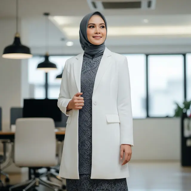 Gamis Kombinasi Blazer dan Brokat Elegan untuk Kerja Formal Muslimah
