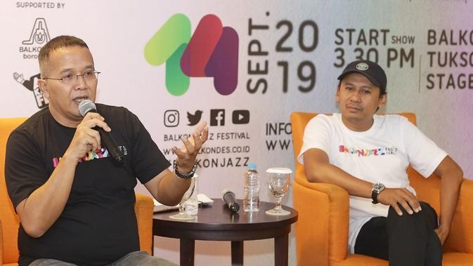 Direktur Balkonjazz Festival, Bakkar Wibowo bersama Direktur PT MCN Jatmika Budi Santoso saat jumpa pers Balkonjazz Festival 2019 di Kementrian BUMN.