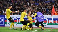 Pemain Timnas Malaysia merayakan gol ke gawang Thailand di Stadion Rajamangala, Bangkok, Rabu (5/12/2018). (Bola.com/AFF Suzuki Cup)