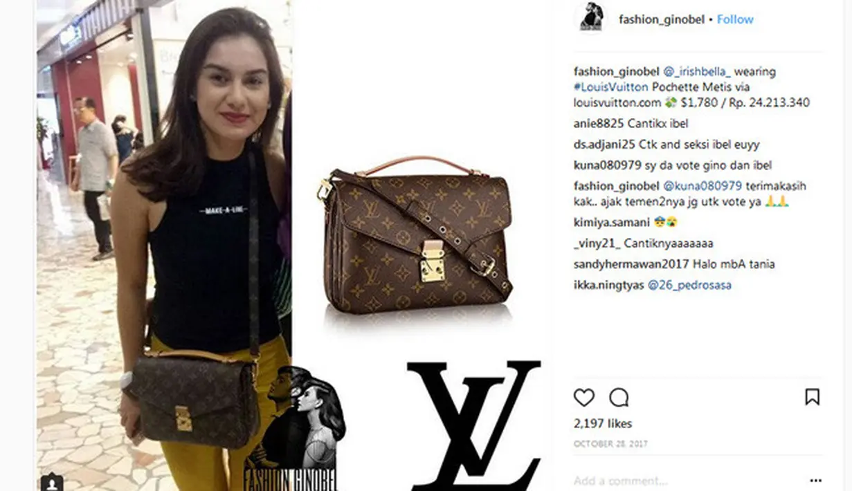 Bergaya santai, Bella sering juga memakai tas kecil seperti di foto ini. Koleksi sling bag Bella keluaran Louis Vuitton milik Bella ini ternyata harganya cukup mengejutnya, yakni $1,780 atau Rp. 24.213.340. (Instagram/_irishbella_)