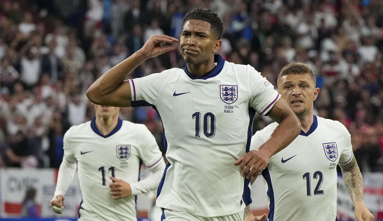 Kemenangan Timnas Inggris 1-0 atas Serbia pada laga perdana Grup C di pentas Euro 2024, Senin (17/6/2024) dini hari WIB menciptakan beberapa rekor mentereng yang sukses ditorehkan tiga penggawanya. Siapa saja dan rekor apa saja yang sukses ditorehkan? Simak uraiannya berikut ini. (AP Photo/Martin Meissner)