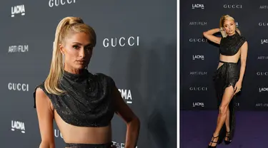 Foto kolase Paris Hilton saat menghadiri LACMA ART+FILM GALA 2022 yang dipersembahkan Oleh Gucci di Los Angeles County Museum of Art di Los Angeles, California pada 5 November 2022 . (AFP Photo)