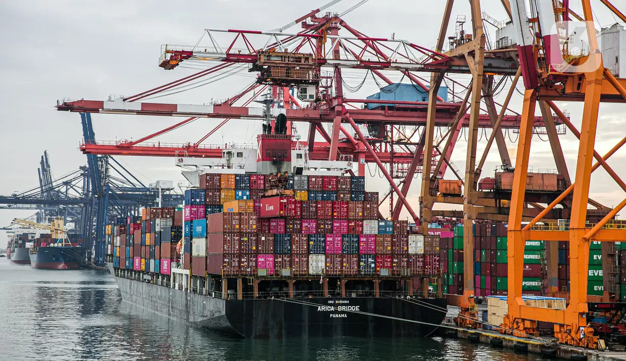 Suasana aktivitas bongkar muat peti kemas di Pelabuhan Tanjung Priok, Jakarta Utara, Kamis (21/1/2021). Bank Indonesia (BI) kembali mempertahankan tingkat suku bunga acuan atau BI 7-day Reverse Repo Rate sebesar 3,75 persen. (Liputan6.com/Faizal Fanani)