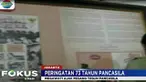 Koleksi perangko terdiri dari tiga foto Bung Karno saat pidato di sidang BPUPKI dan tulisan tangan bung karno "camkan pancasila".