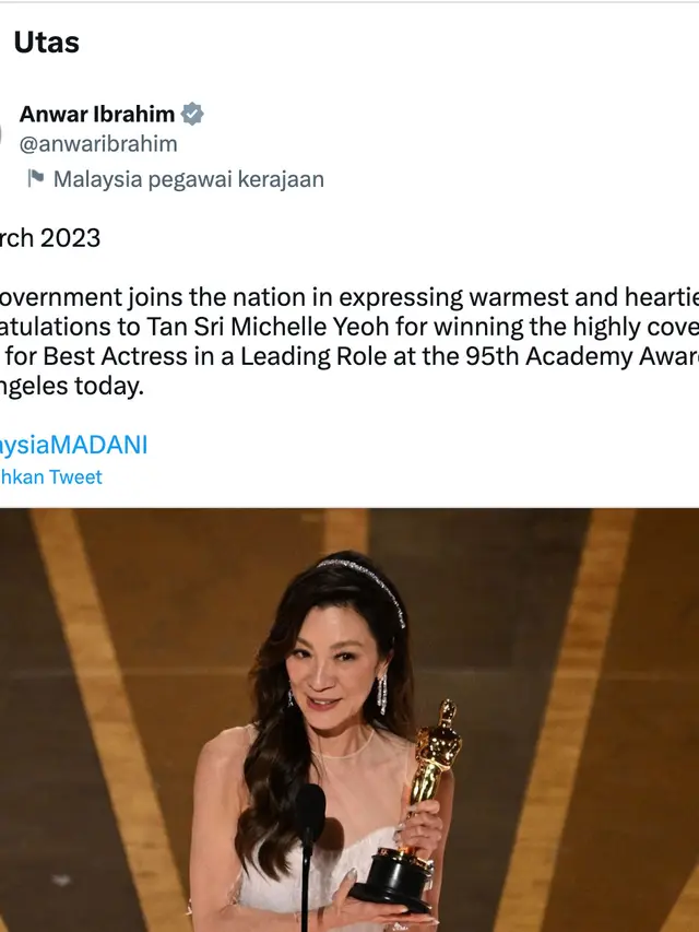 Perdana Menteri Malaysia Anwar Ibrahim Selamati Michelle Yeoh Menang Oscar