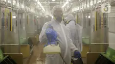 Petugas mengenakan pakaian pelindung menyemprotkan disinfektan bagian dalam pada rangkaian KRL Jabodetabek di Dipo Depok, Jawa Barat, Jumat (13/3/2020). Pembersihan bagian luar dan bagian dalam kereta menggunakan cairan disinfektan guna mengantisipasi penyebaran virus corona (Covid-19). (Liputan6.co