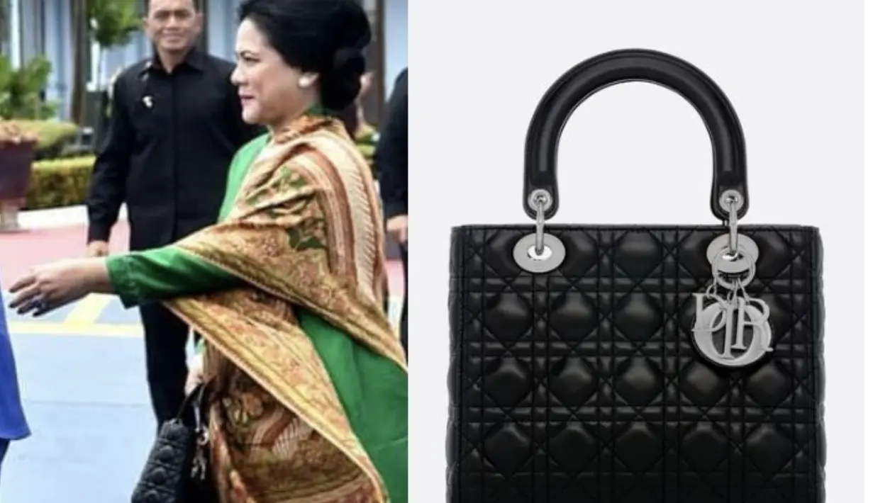 Menyempurnakan kebaya kurung yang digunakannya, Iriana Jokowi tampak menjinjing tas hitam bergaya klasik. Memiliki gaya ikonis, diketahui ia menenteng tas Lady Dior. Tas mewah tersebut rupanya dibanderol dengan harga fantastis yaitu 63,6 juta rupiah.  [Foto: Instagram/ Ibu_Iriana_Jkw]