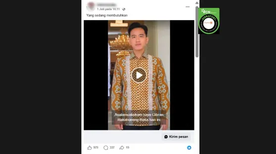 Cek Fakta: Tidak Benar Video Gibran Umumkan Bantuan Biaya Sekolah hingga Modal Usaha