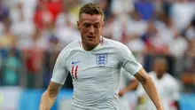 Pemain Inggris Jamie Vardy berlari sambil menggiring bola saat melawan Panama dalam pertandingan Piala Dunia 2018 di Nizhny Novgorod Stadium, Rusia (24/6). Skor tersebut adalah kali pertama Inggris menghasilkan enam gol di Piala Dunia. (AP/Alastair Grant)
