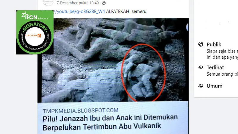 Cek Fakta Liputan6.com menelusuri klaim foto ibu dan anak ditemukan tertimbun abu vulkanik Gunung Semeru