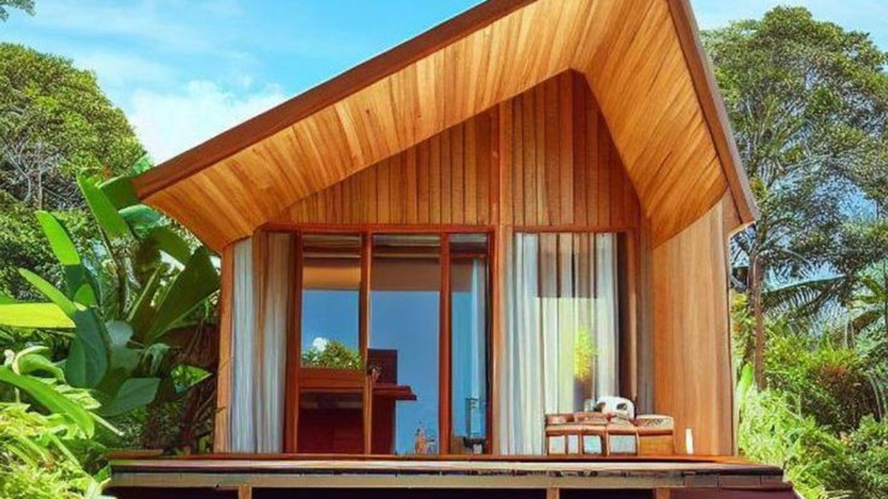 Rumah Kayu dengan Atap Miring dan Kolam Renang