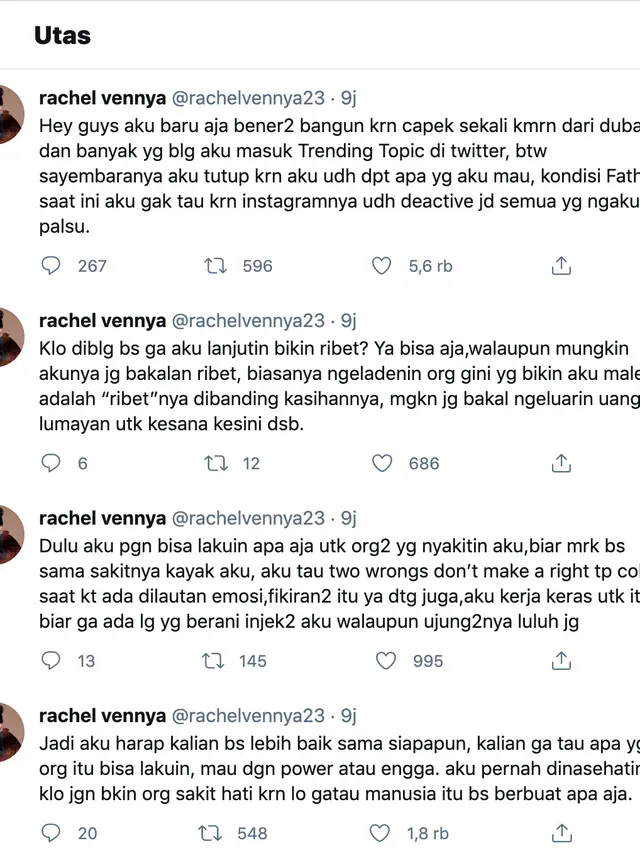 Unggahan Rachel Vennya. (Foto: Dok. Twitter @rachelvennya23)