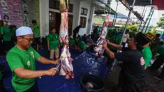 Panitia kurban melakukan pemotongan daging hewan kurban di halaman masjid Jami Daarul Falaah di Jakarta Selatan, Senin (17/6/2024). (Liputan6.com/Angga Yuniar)