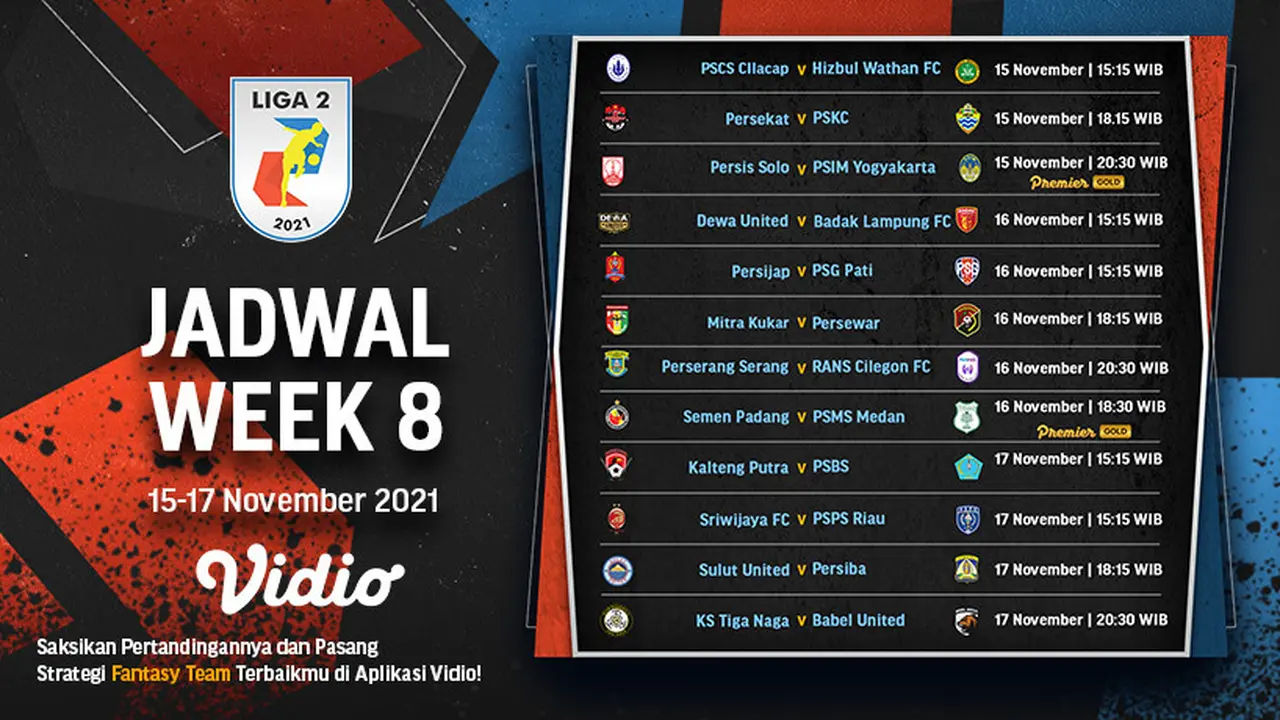 Jadwal dan Live Streaming Lanjutan Pertandingan Liga 2 2021/2022 Pekan Kedelapan di Vidio