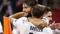 Nicolo Barella merayakan keberhasilan mencetak gol semata wayang Italia ke gawang Belanda di ajang UEFA Nations League. (MAURICE VAN STEEN / ANP / AFP)