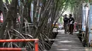 Warga melintas di hutan bakau Desa Kaliwlingi Kabupaten Brebes, Jawa Tengah (28/03/2022). Yayasan KEHATI dan KMPHP berkolaborasi   mendukung program pemberdayaan masyarakat dan sinkronisasi dari kegiatan ekowisata yang dapat meningkatkan perekonomian masyarakat. (Liputan6.com/HO/Ading)      