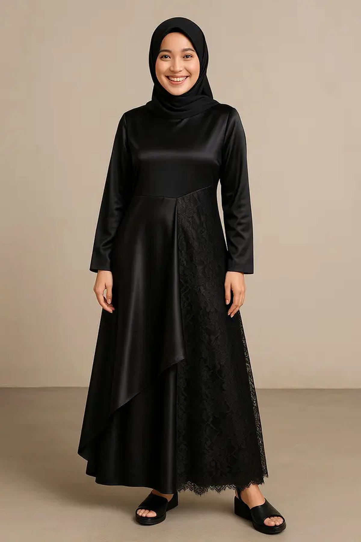 8 Model Gamis Hitam Kombinasi Brokat dan Satin, Mewah dan Elegan