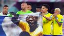 Para pemain Brasil membentangkan spanduk dukungan untuk Pele yang sedang sakit pada akhir pertandingan sepak bola babak 16 besar Piala Dunia 2022 antara Brasil dan Korea Selatan di Stadium 974, Doha, Qatar, 5 Desember 2022. (AP Photo/Jin-Man Lee)