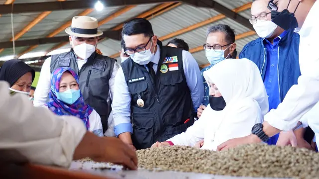 Gubernur Jawa Barat Ridwan Kamil bersama Rektor IPB Arif Satria di sela-sela pelepasan ekspor kopi Garut.