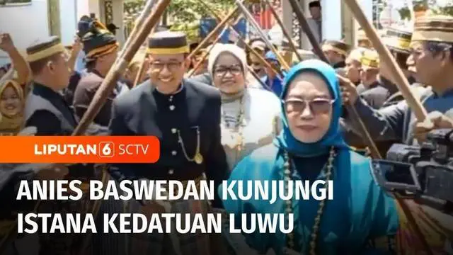 Bakal calon presiden, Anies Baswedan mengunjungi Istana Dato Luwu di Kota Pallopo, Sulawesi Selatan, pada Sabtu siang. Kehadiran Anies bersama sang istri disambut prosesi adat Mappesabbi.