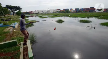 Warga memancing ikan di Tempat Pemakaman Umum (TPU) Semper yang terendam banjir, Jakarta, Kamis (11/11/2021). Ratusan makan di TPU Semper terendam banjir akibat hujan deras yang menguyur Ibu Kota beberapa hari lalu. (merdeka.com/Imam Buhori)